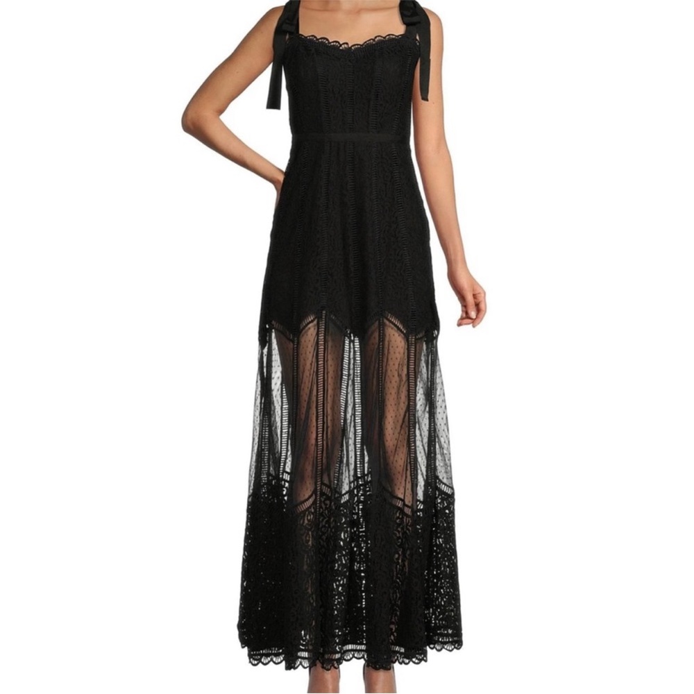 Gianni Bini Mesh Sweetheart Tie Shoulder Sheer Overlay A-Line Maxi Dress
